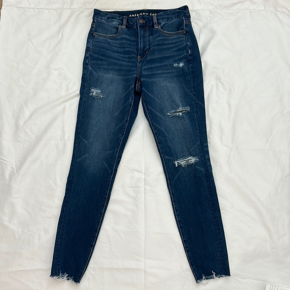 American Eagle Blue Dream High Rise Distressed Skinny Jeans Blue Size 6 Long